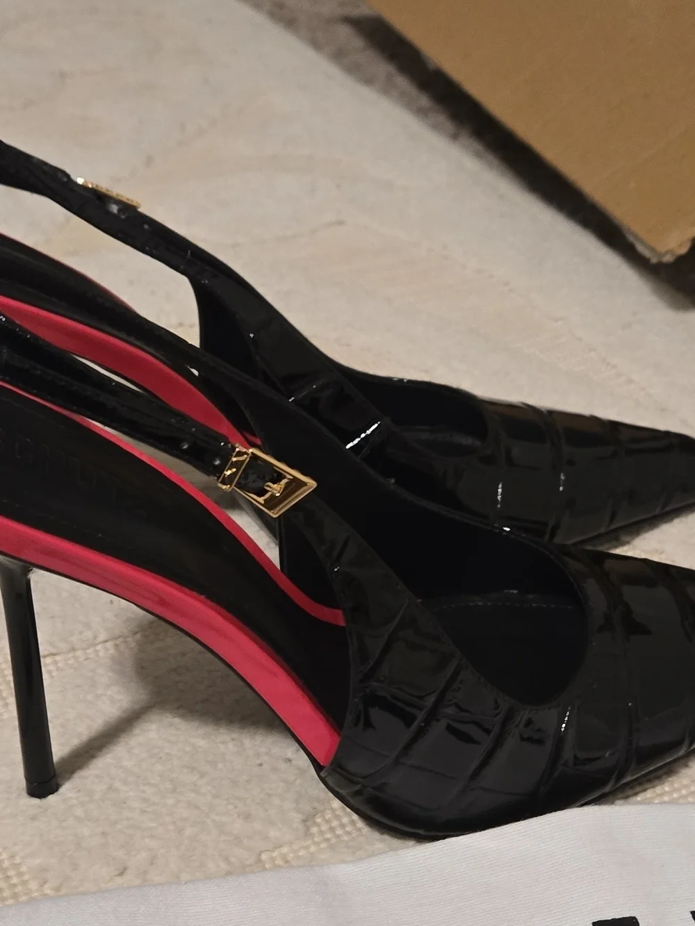 SCHUTZ Black Patent High Heel Sandals with Pink Accent